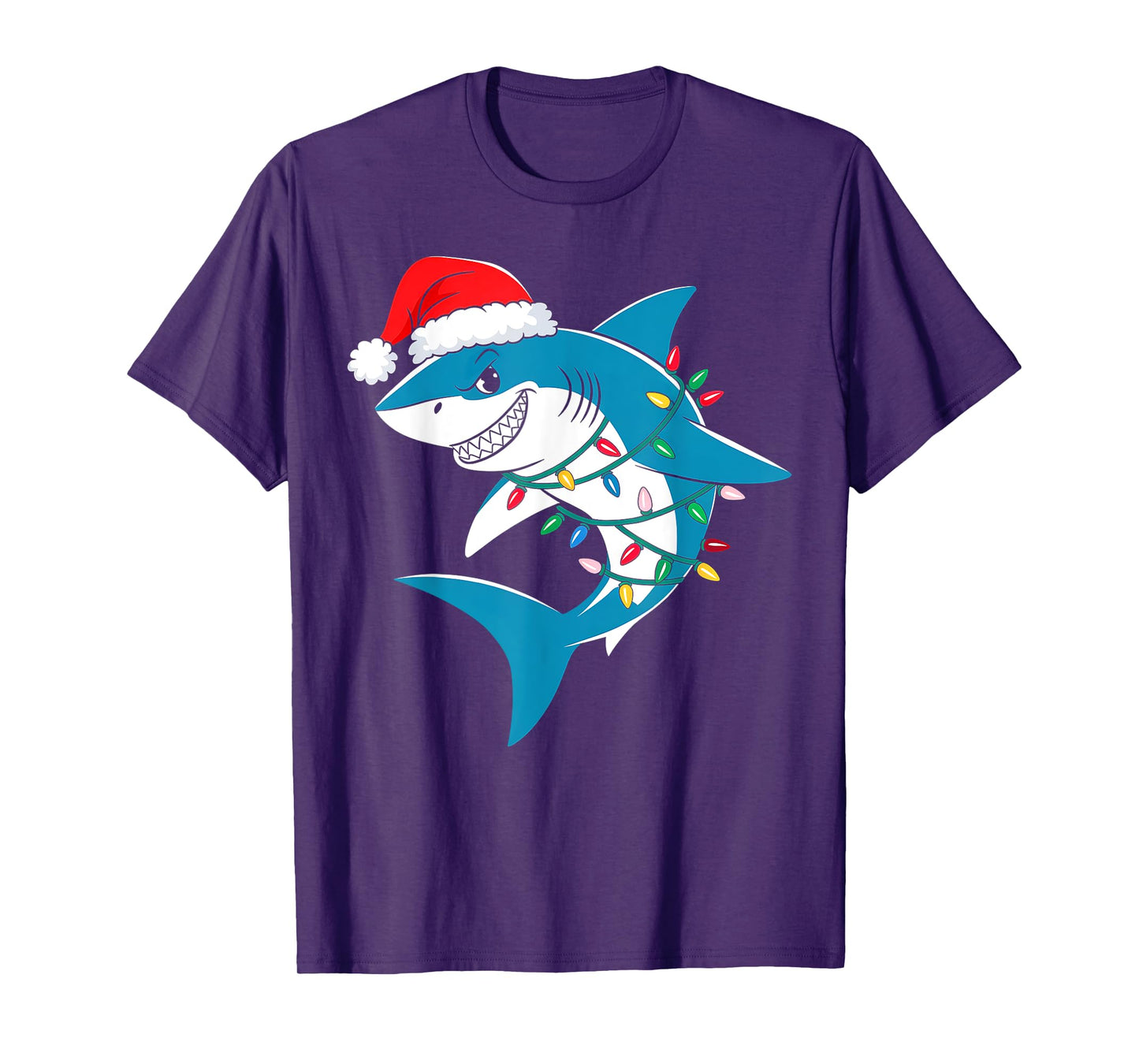 Shark Christmas Lights Santa Hat Xmas Pajama Boys Girls Kids T-Shirt