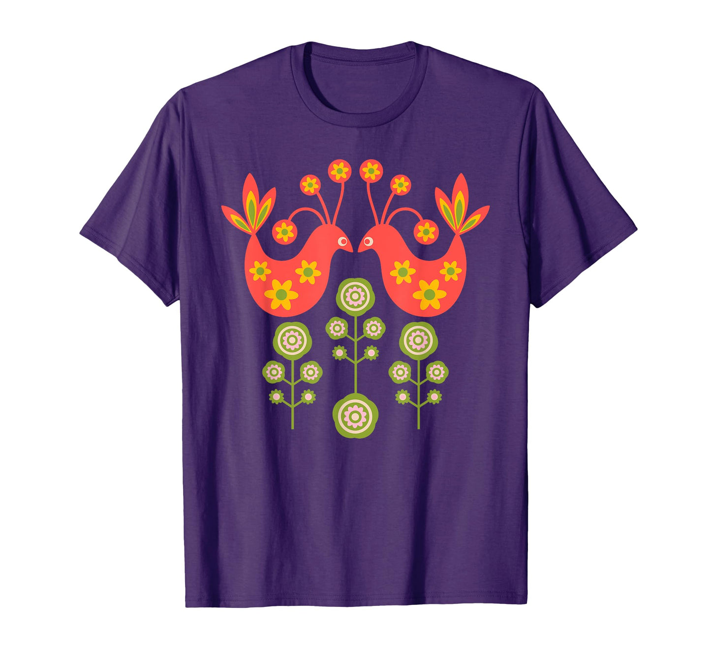 LOVE BIRDS Folk Art Mid-Century Modern Scandi Floral Flowers T-Shirt