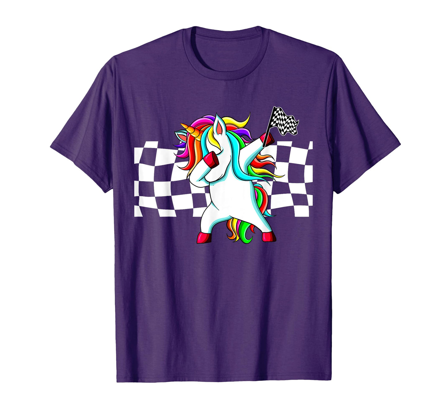 Racecar Racing Checker Flag Dabbing Unicorn Graphic T-Shirt