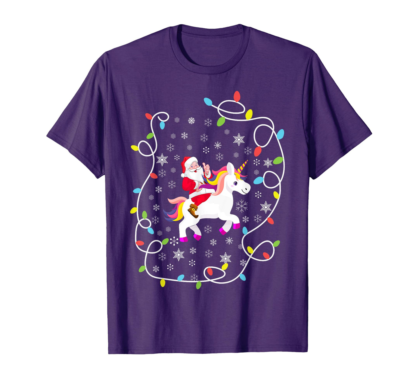 Santa Riding Unicorn Christmas Lights Merry Christmas Tree T-Shirt