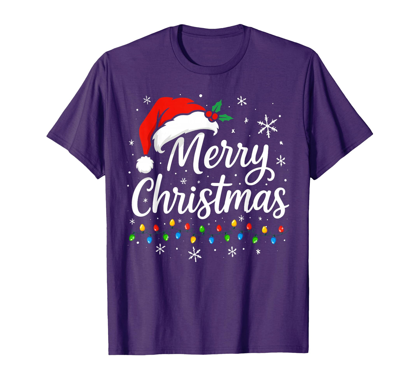 Merry Christmas Lights Red Santa Hat Xmas Family Matching T-Shirt