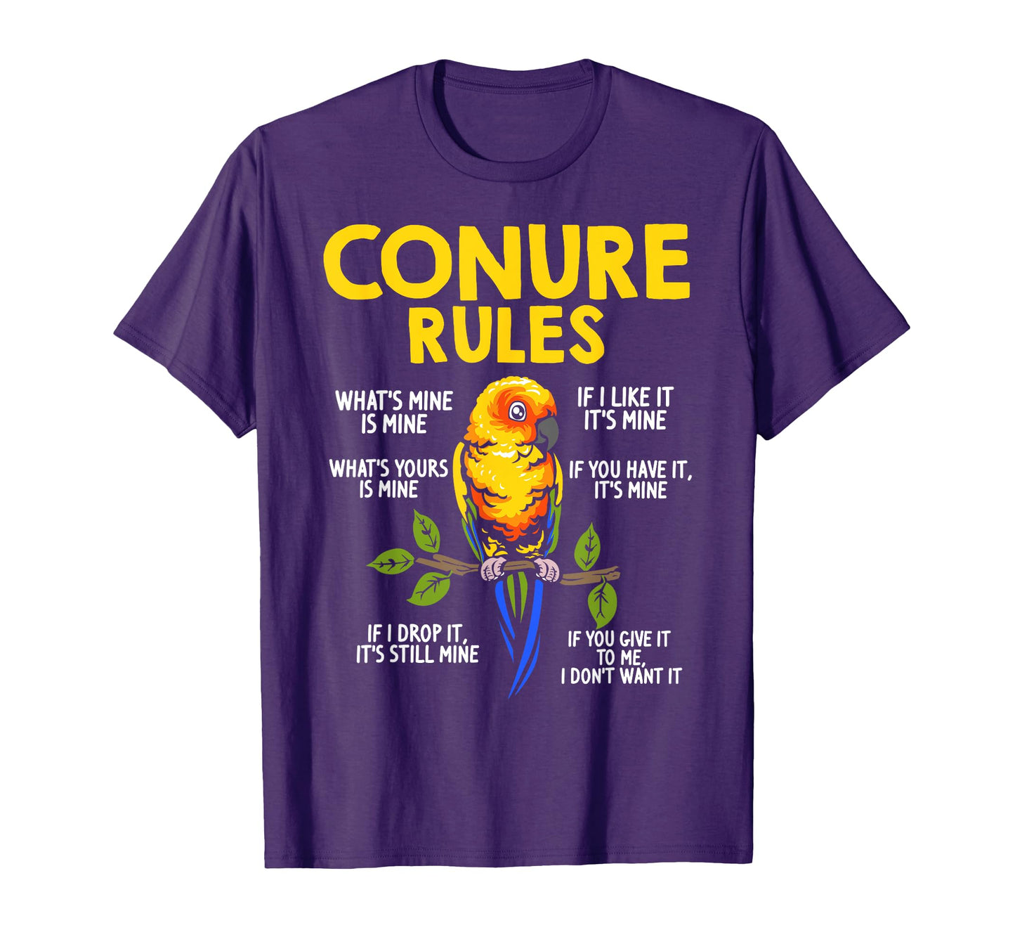 Conure Rules Sun Conure Bird Lover Parrot Design Black T-Shirt for Men & Sun Conure Owners, Small, Short Sleeve, Mandarin Collar, Tropical, Cotton 65% Polyester 35%