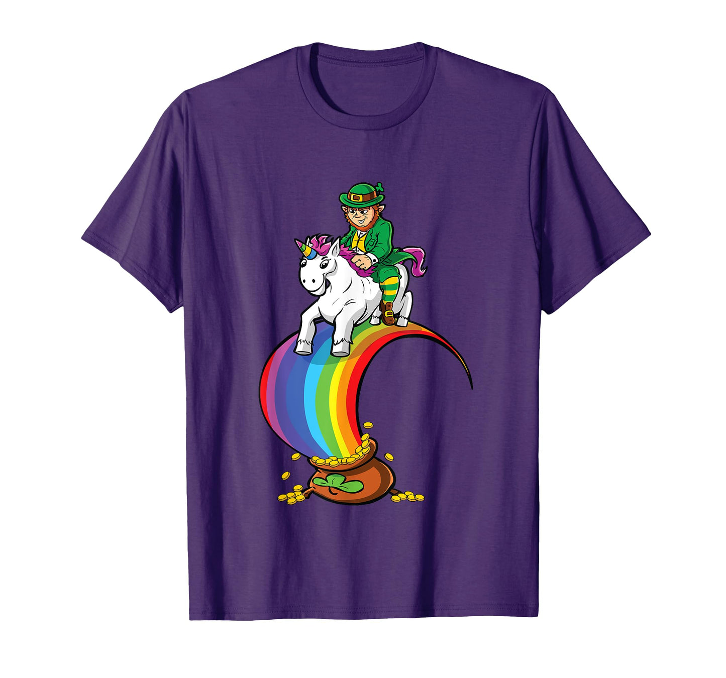 Leprechaun Riding Unicorn Over Rainbow & Pot of Gold T-Shirt