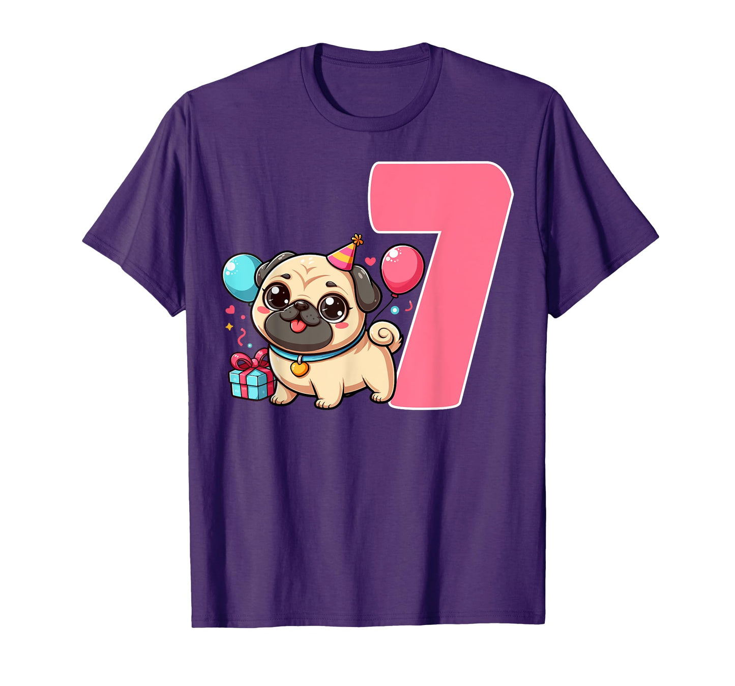 Pug 7 Years Old 7th Birthday Party Dog Lover Kids T-Shirt