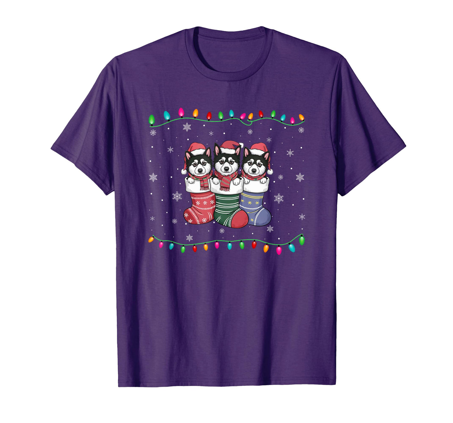 Xmas Tree Lights Alaskan Klee Kai Dog in Christmas Socks T-Shirt