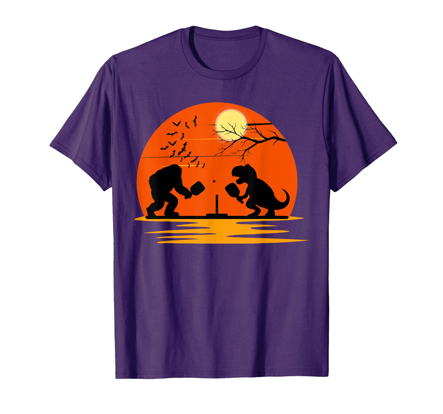 Bigfoot and T-Rex Playing Pickleball Halloween Sunset T-Shirt