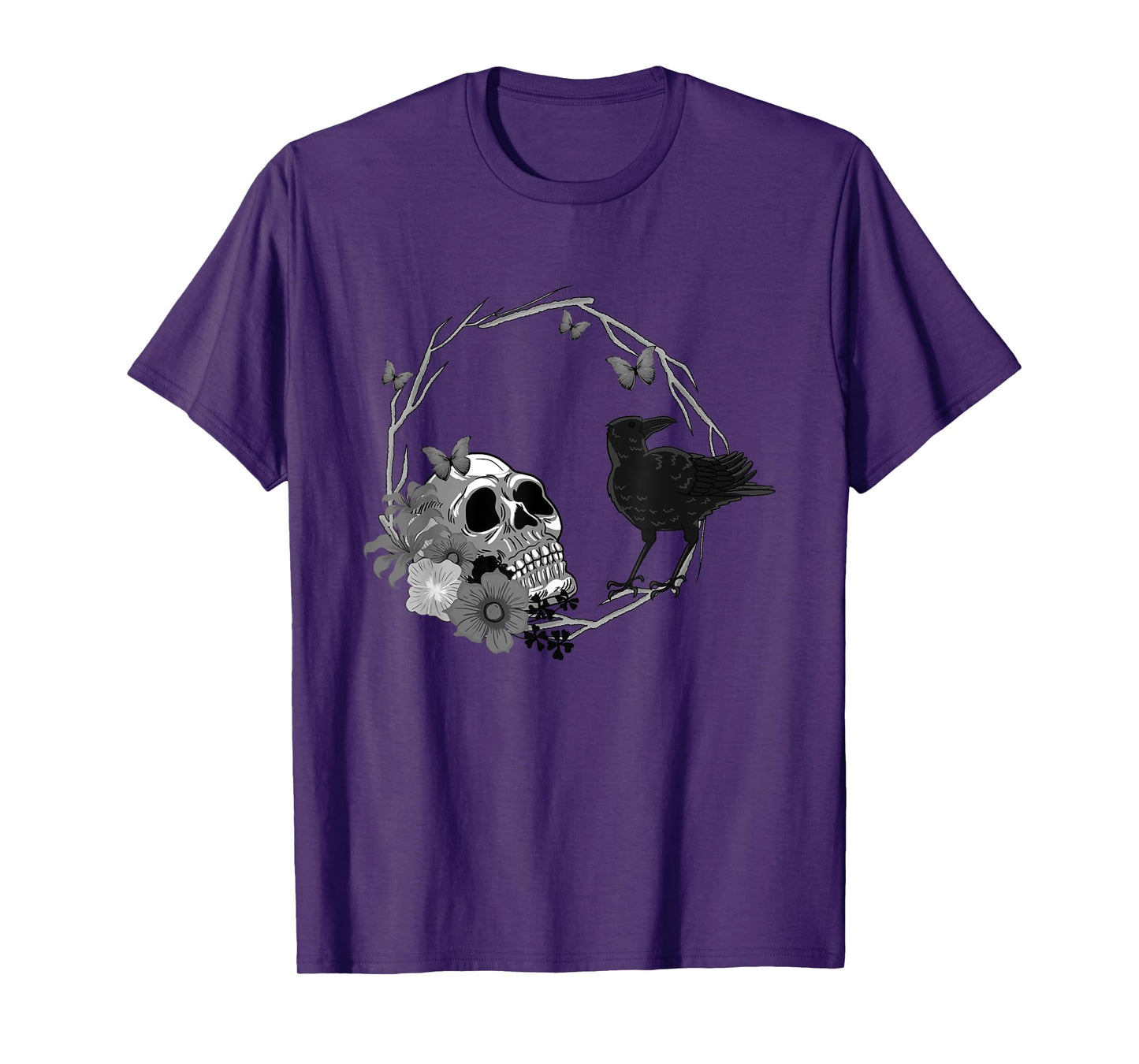 Floral Skull Death Crow Cool Scary Halloween Gothic Theme T-Shirt