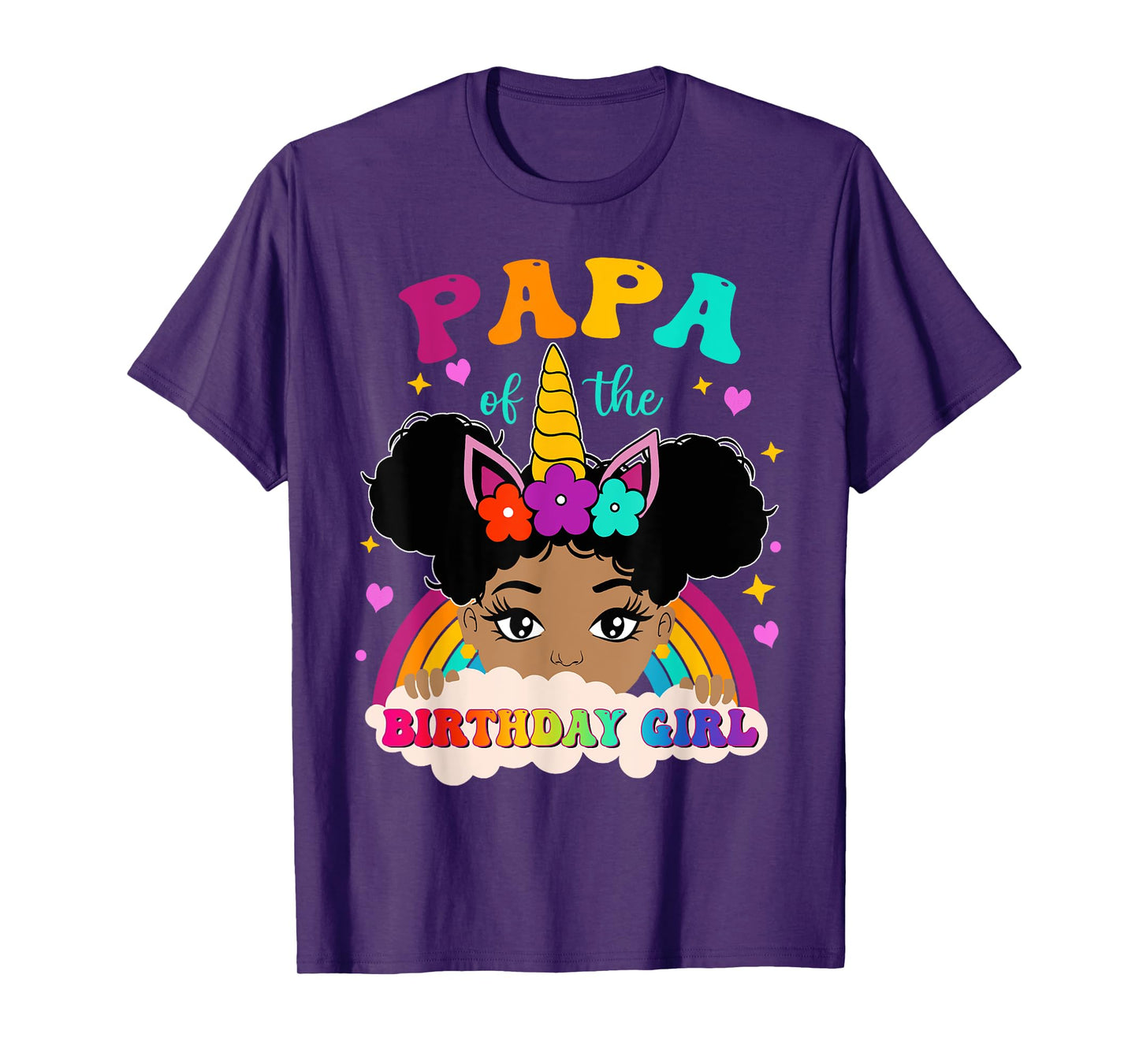 Papa of The Birthday Girl Rainbow Afro Melanin Unicorn T-Shirt