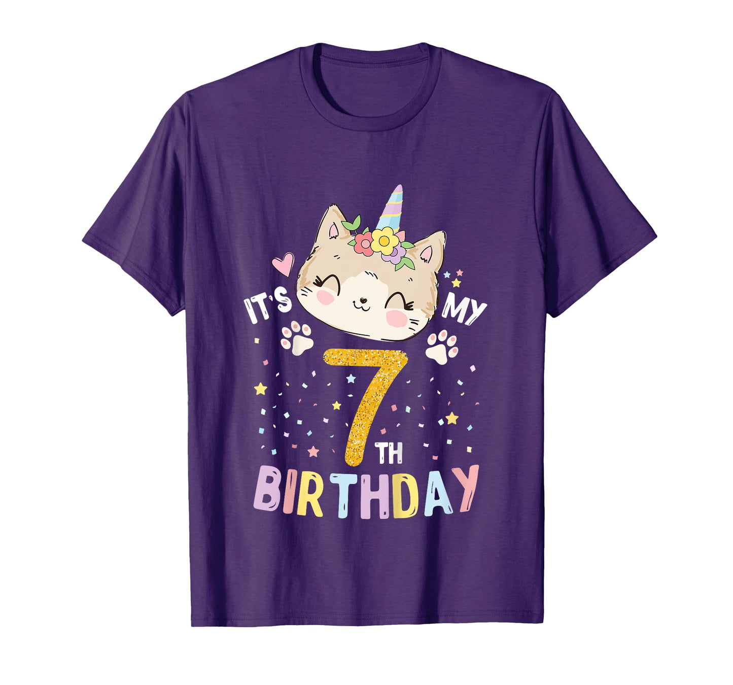Kids It’s My 7th Birthday Cute Unicorn Cat 7-Year-Old Girl T-Shirt