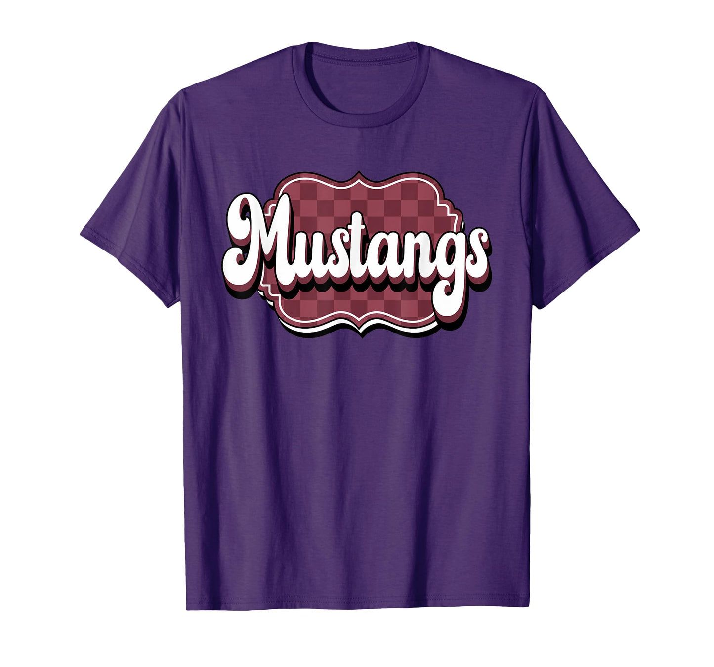Mustangs Checkered Retro Maroon Mustang Pride School Spirit T-Shirt