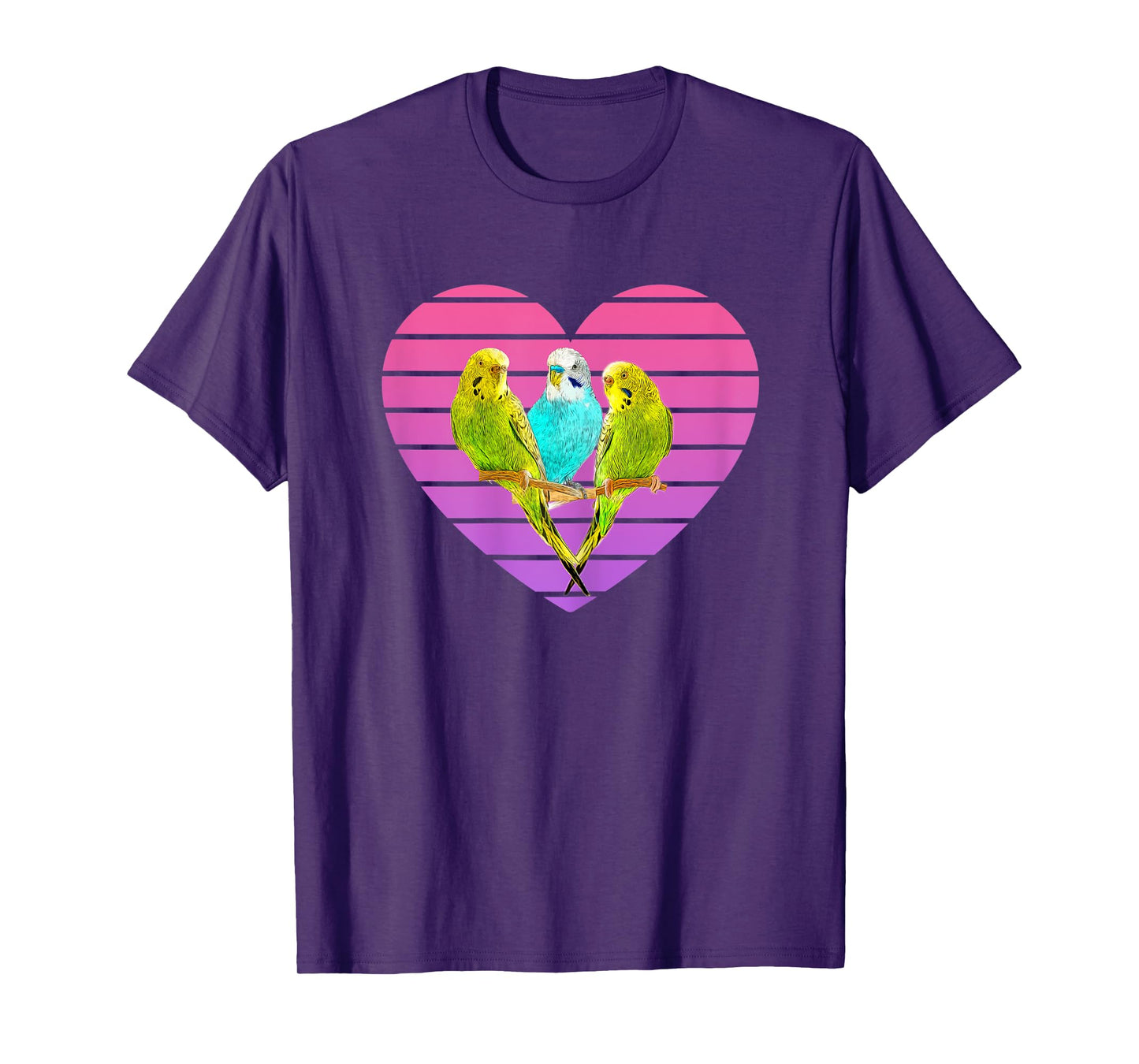 Three Parakeets Inside a Retro Sunset Style Heart T-Shirt