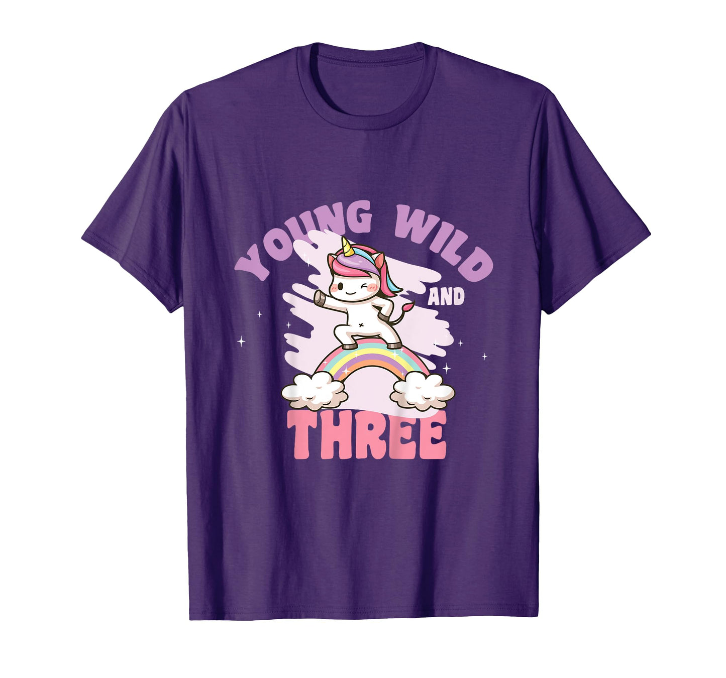 Young Wild & Three - Funny 3rd Birthday Kids Unicorn Girls T-Shirt