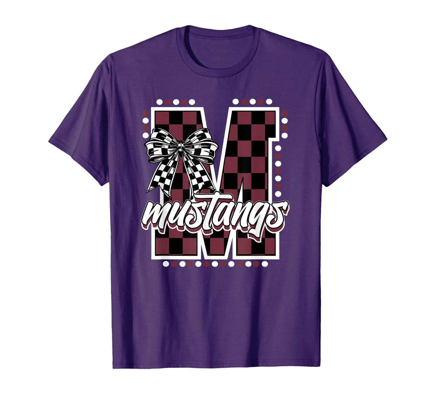 Mustangs Maroon Checkered Print Mustang Pride School Spirit T-Shirt