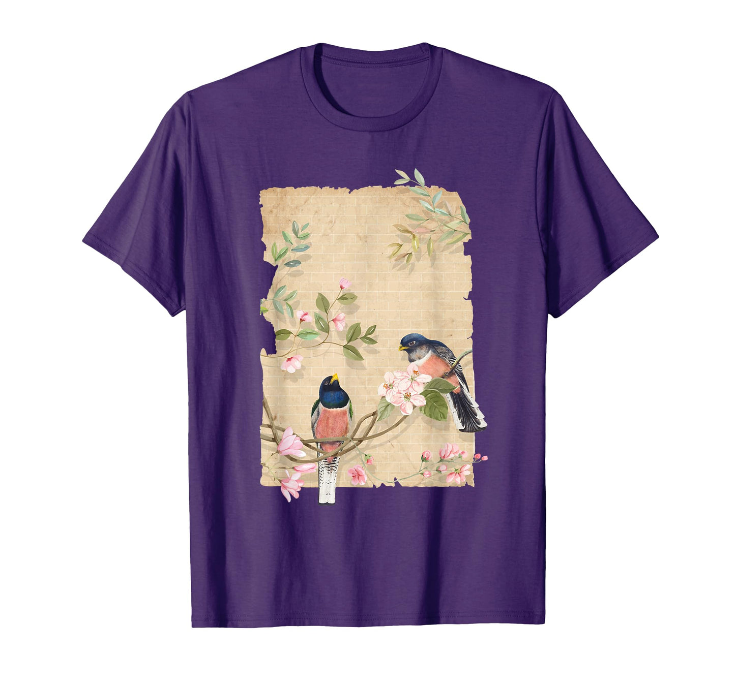 Bird and Flowers Art Japanese Woodblock Inspired Birds T-Shirt
