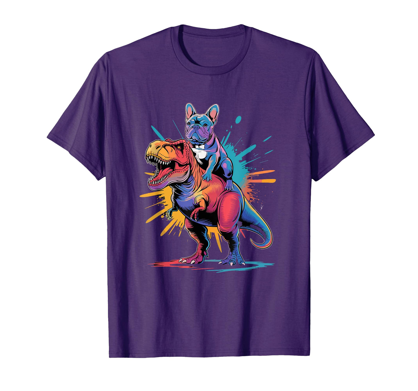 French Bulldog Riding Dinosaur Art Fun T-Shirt