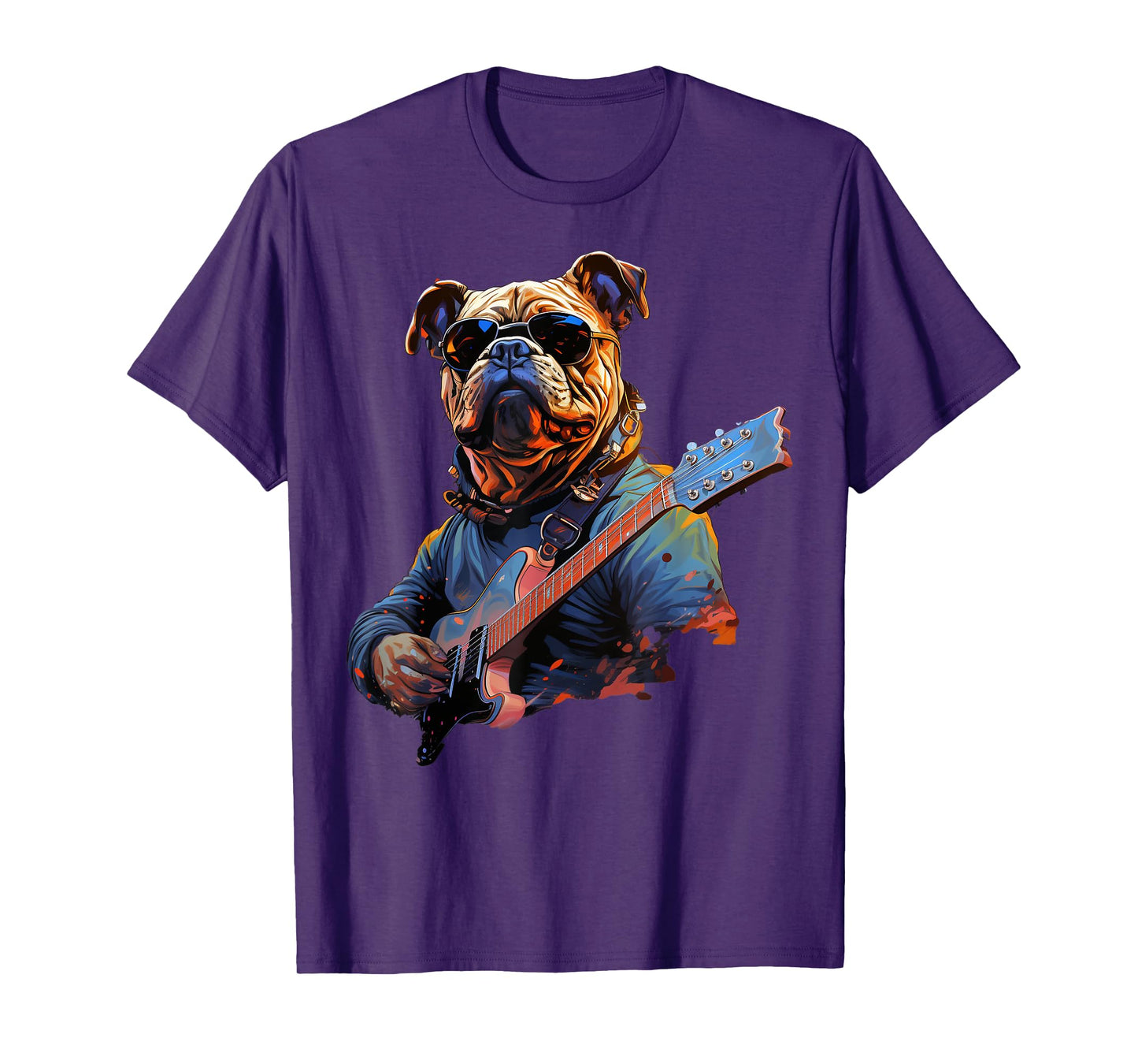 Funny Rock English Bulldog Playing Guitar T-Shirt