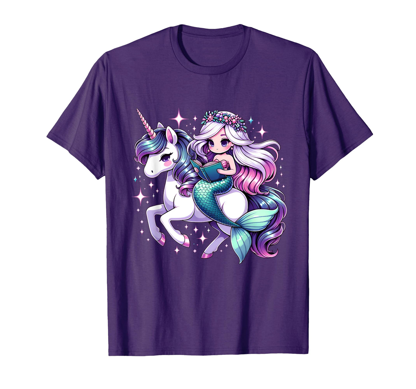 Unicorn kisses Mermaid wishes | reading books Birthday Girl T-Shirt