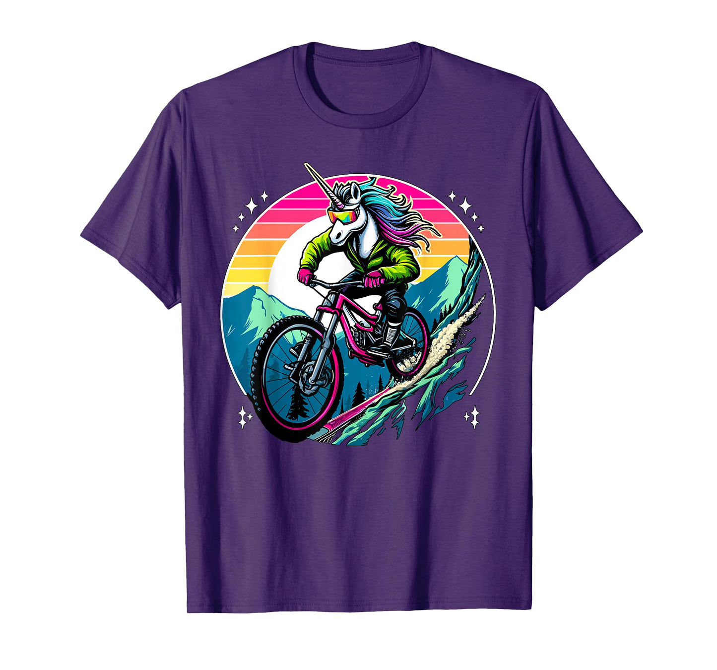 Unicorn Mountain Bike Adventure Fantasy Colorful Sunset T-Shirt