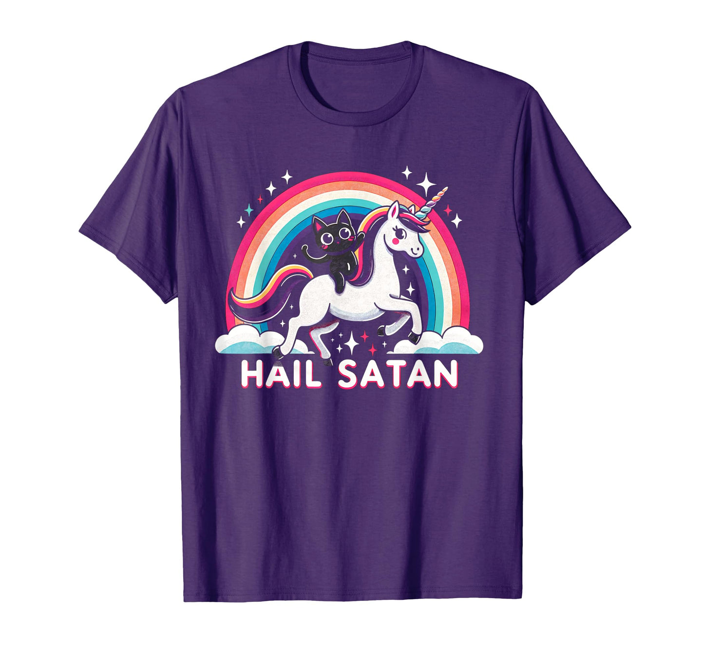 Cute Satanic Cat Riding A Unicorn Over A Rainbow Hail Satan Men Women Kids T-Shirt