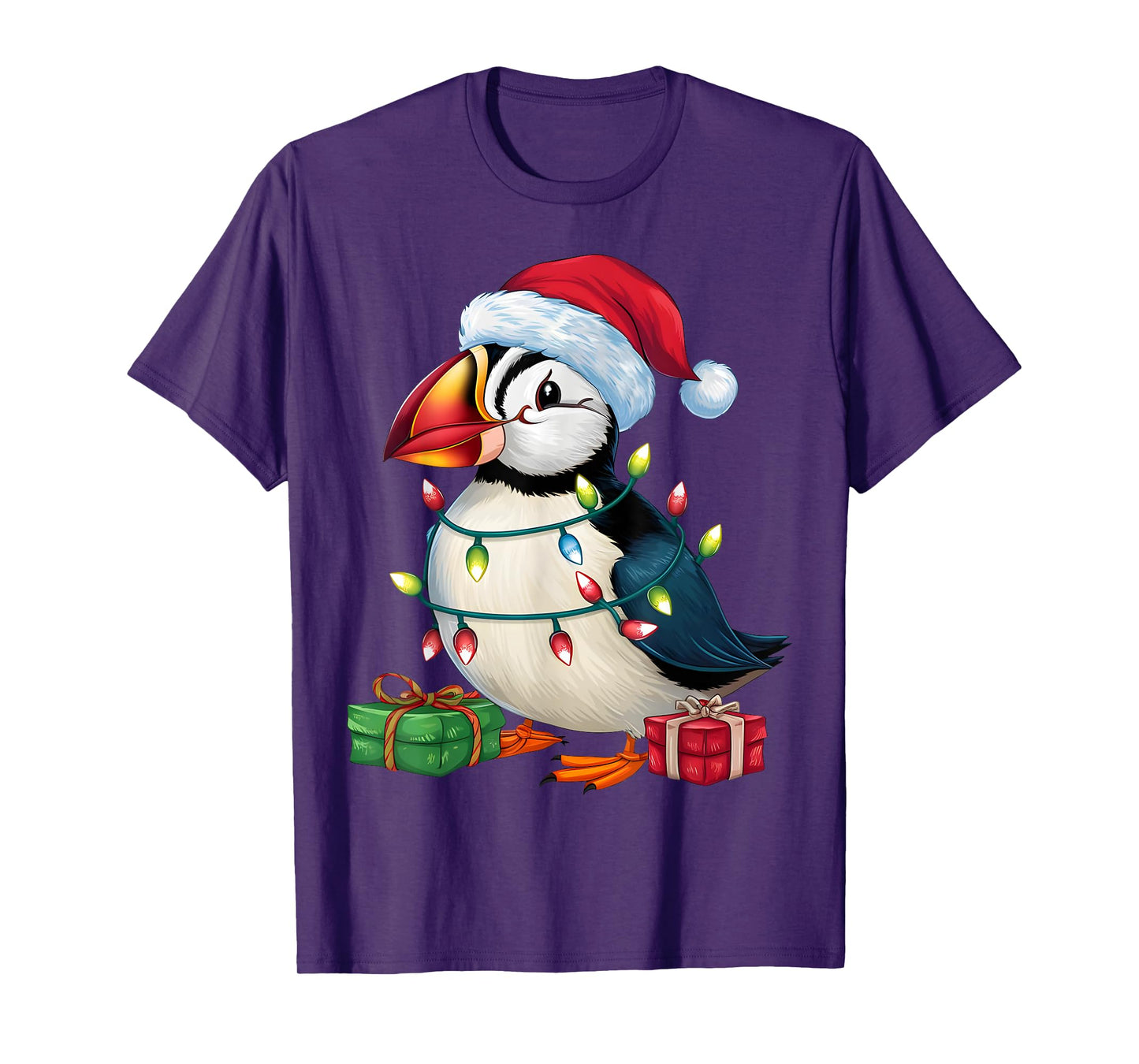 Puffin Bird Lover Xmas Lighting Santa Hat Puffin Christmas T-Shirt
