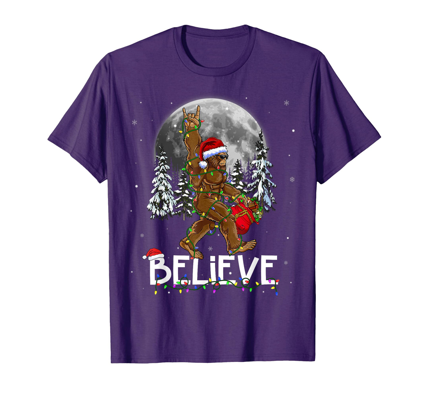 Santa Bigfoot Christmas Lights Funny Sasquatch Believe Xmas T-Shirt