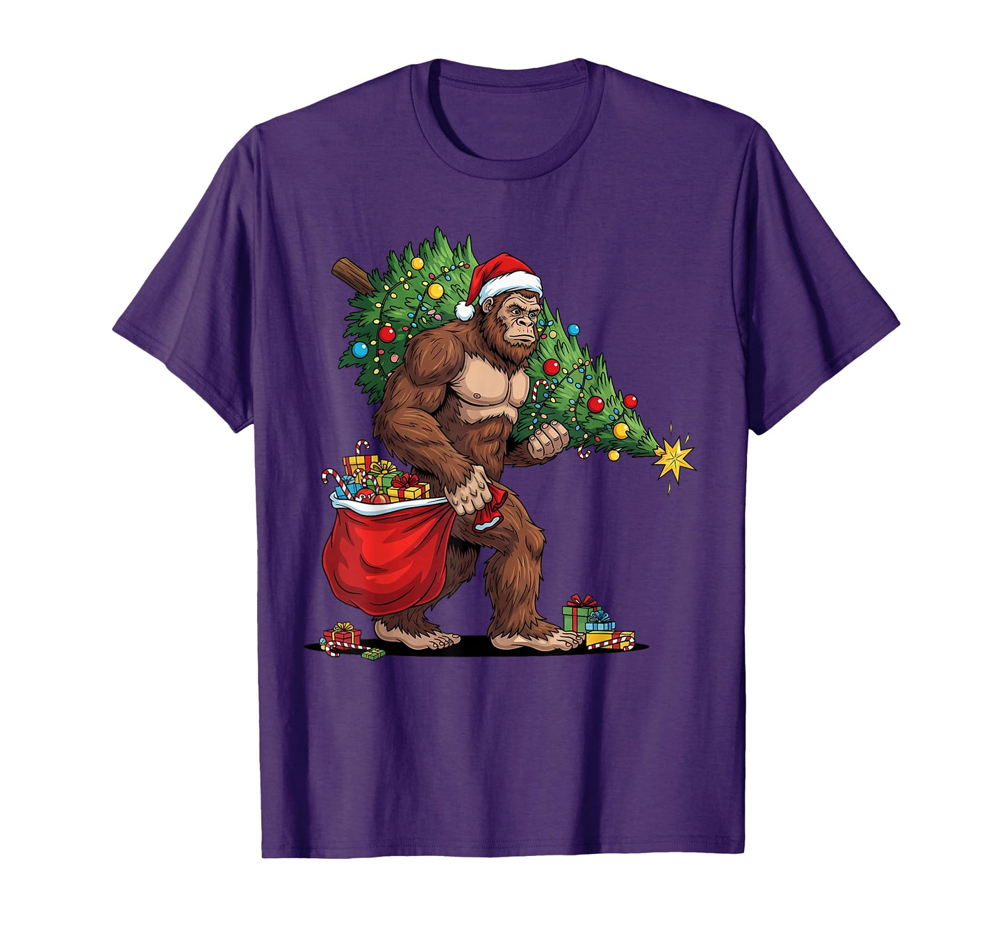 Christmas Bigfoot with Christmas Tree Lights Xmas Boys Men T-Shirt
