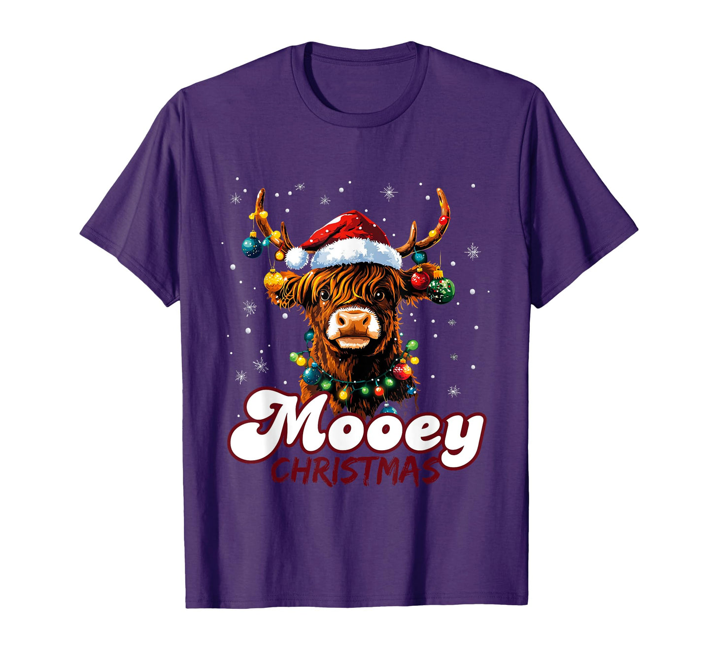 Mooey Christmas Highland Cow with Santa Hat and Xmas Lights T-Shirt