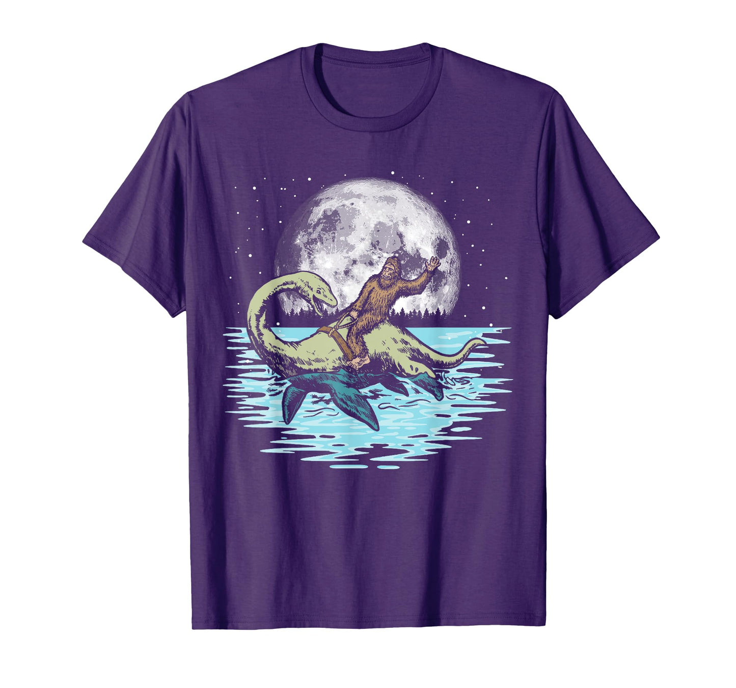 Funny Bigfoot Riding Nessie Loch Ness Monster & Full Moon T-Shirt