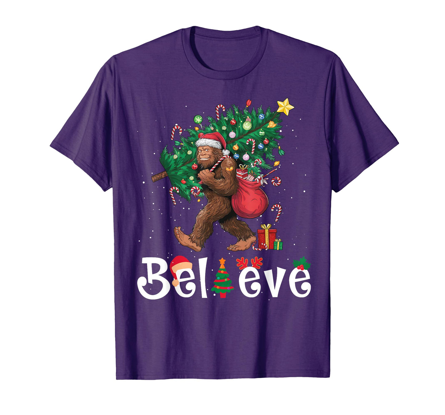 Santa Bigfoot Christmas Tree Lights Sasquatch Believe Xmas T-Shirt