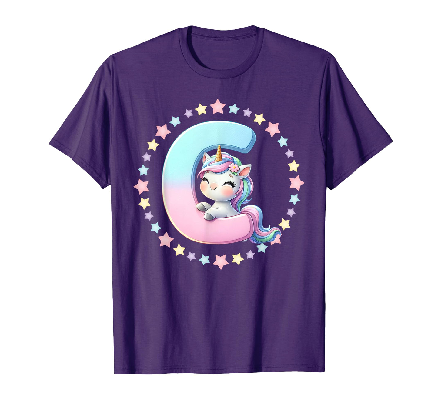 Unicorn Letter C Initial Rainbow Monogram Girls Kids T-Shirt