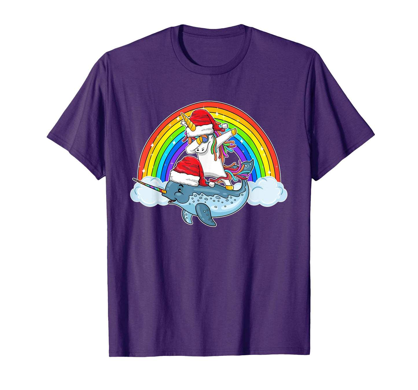 Dabbing Unicorn Riding Narwhal With Santa Hat Christmas T-Shirt