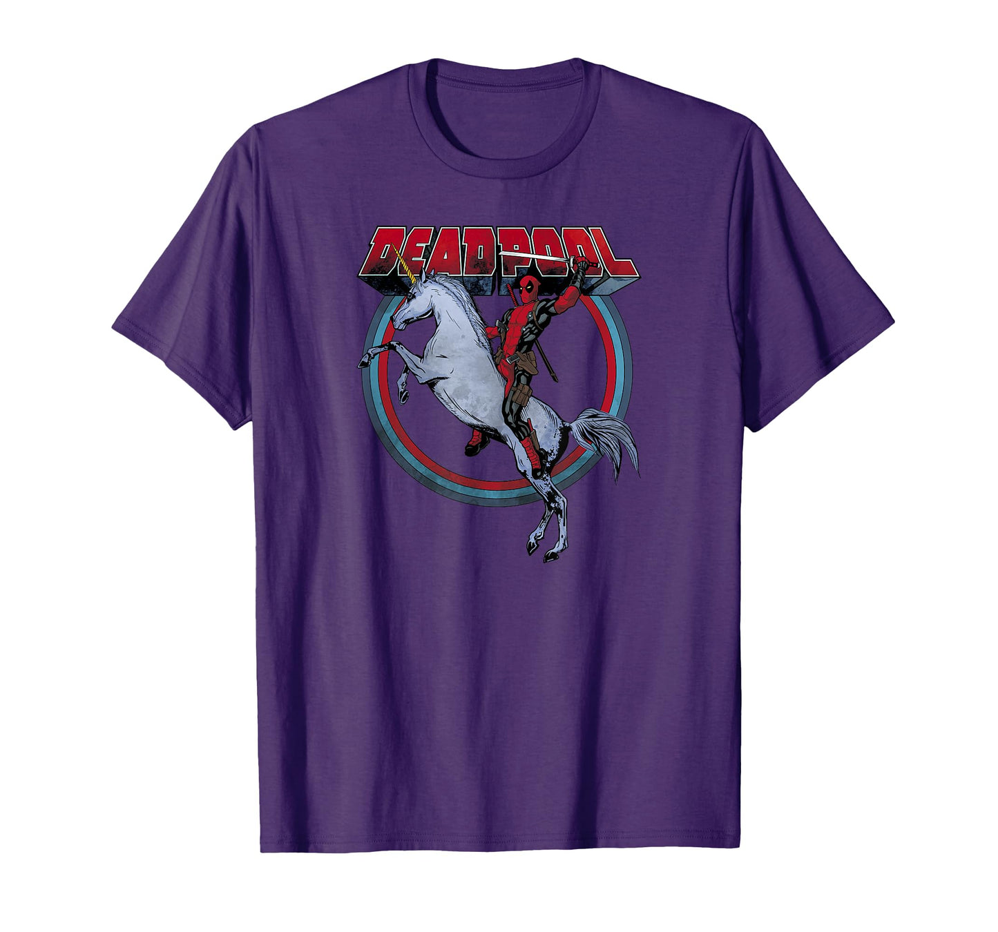 Marvel Deadpool Riding A Unicorn Circle Graphic T-Shirt C1 T-Shirt