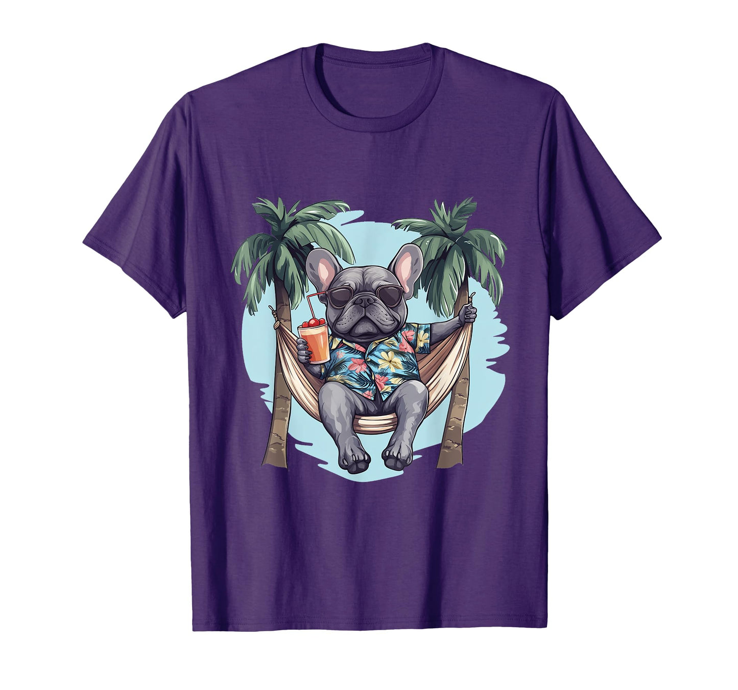 Cool Hawaiian French Bulldog Hammock Palm Trees Beach Vibes Men Women Kids T-Shirt