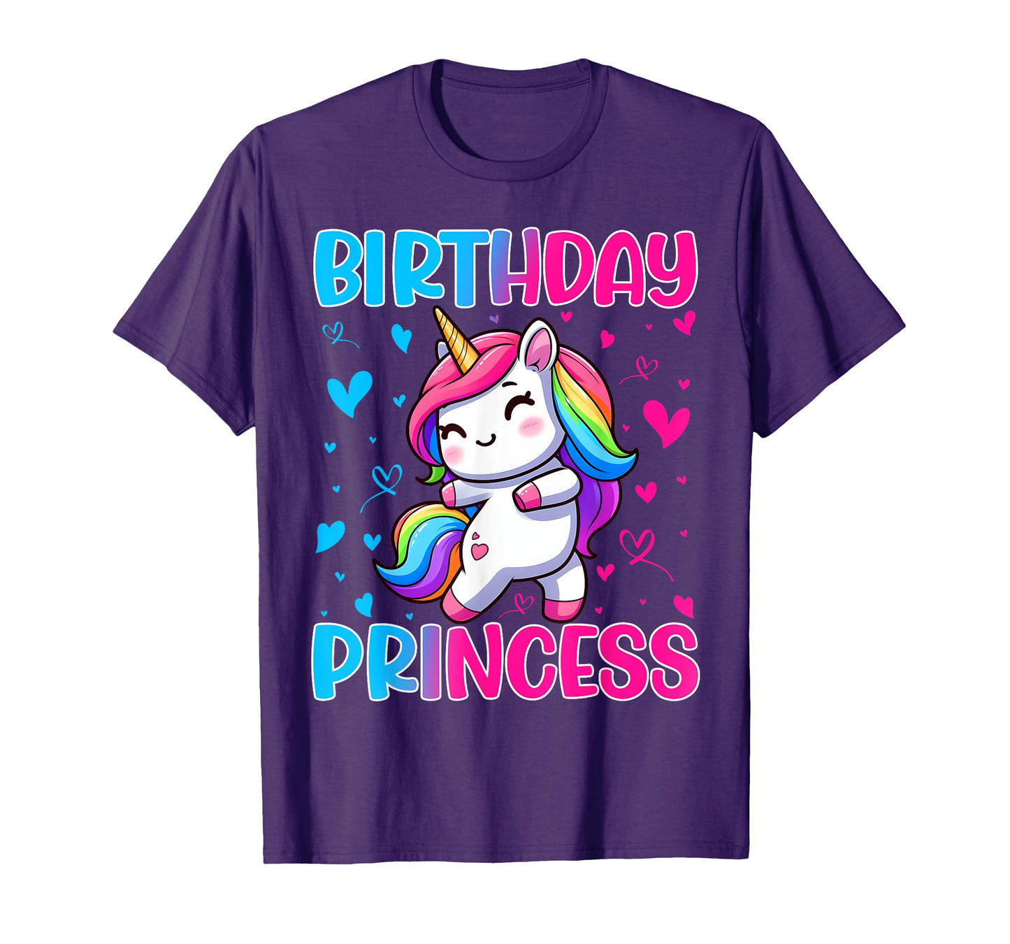 Happy Birthday Princess Unicorn Cute Rainbow Hearts Girls T-Shirt