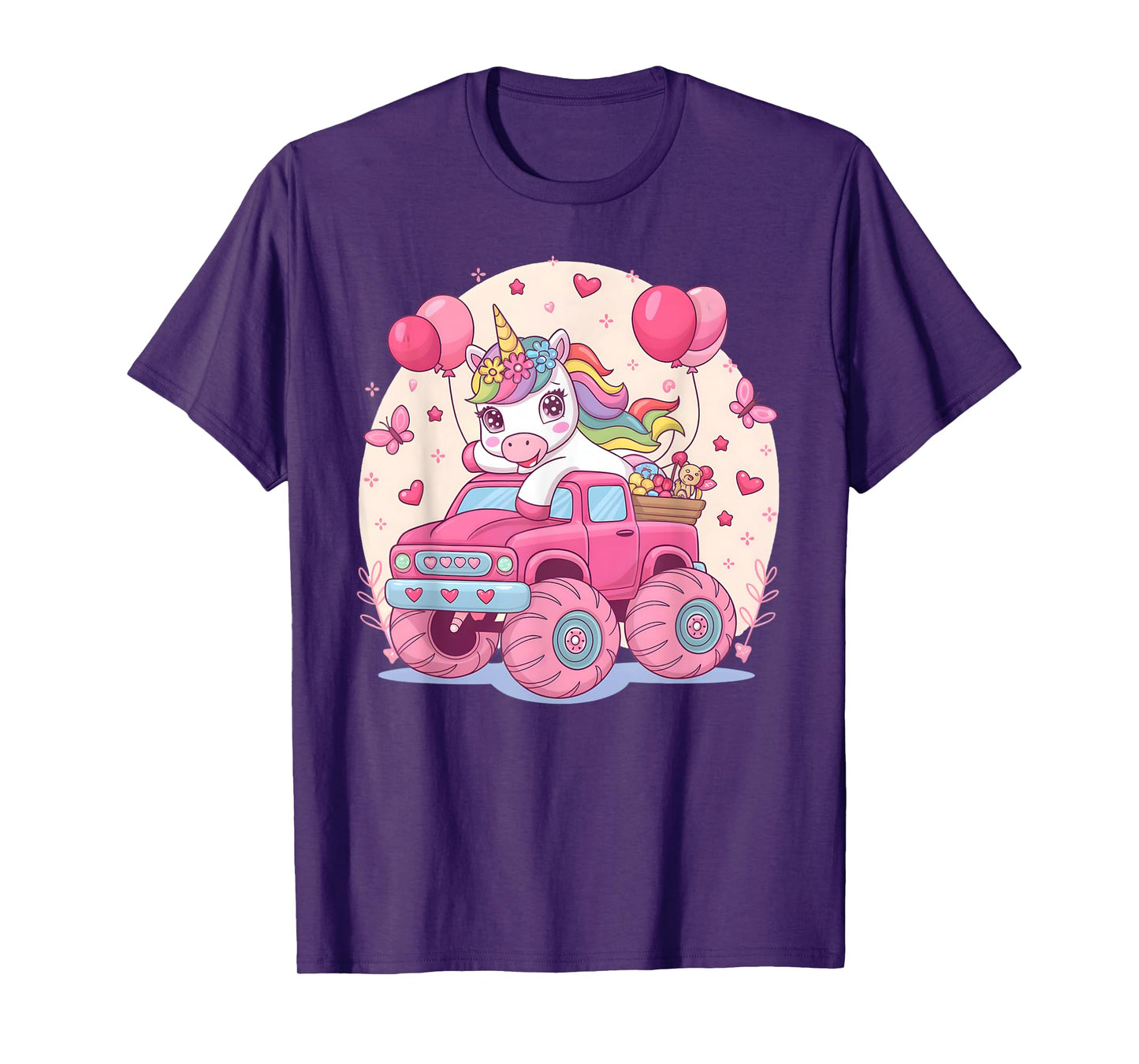 Cute Unicorn Riding A Pink Monster Truck Girl Birthday Party T-Shirt