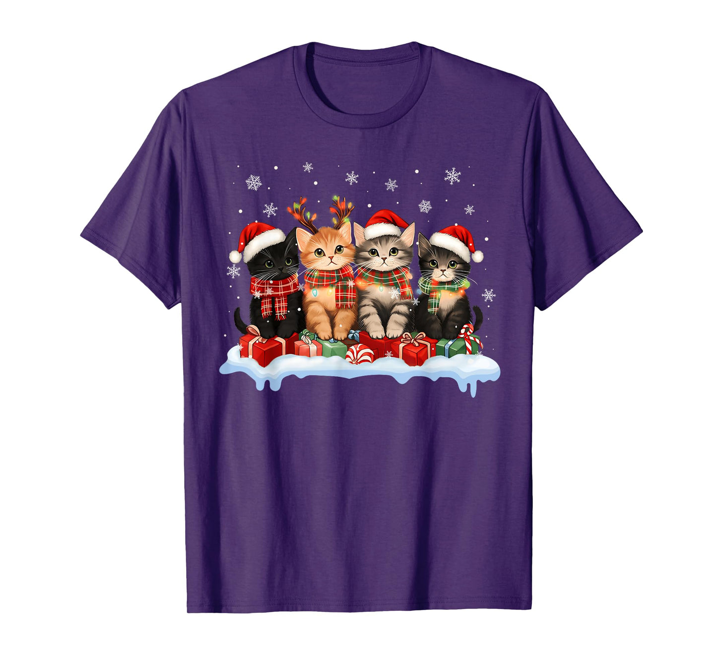 Cat Christmas Light Reindeer Santa Christmas Cat Lover Xmas T-Shirt