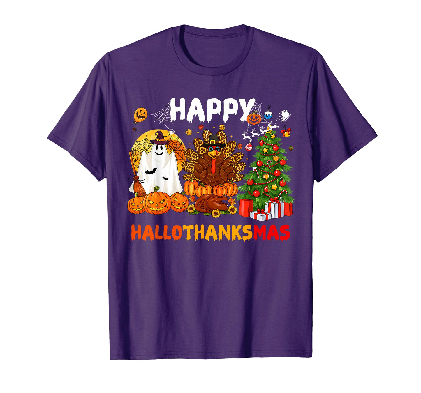 Retro Happy Hallothanksmas Halloween Thanksgiving Christmas T-Shirt