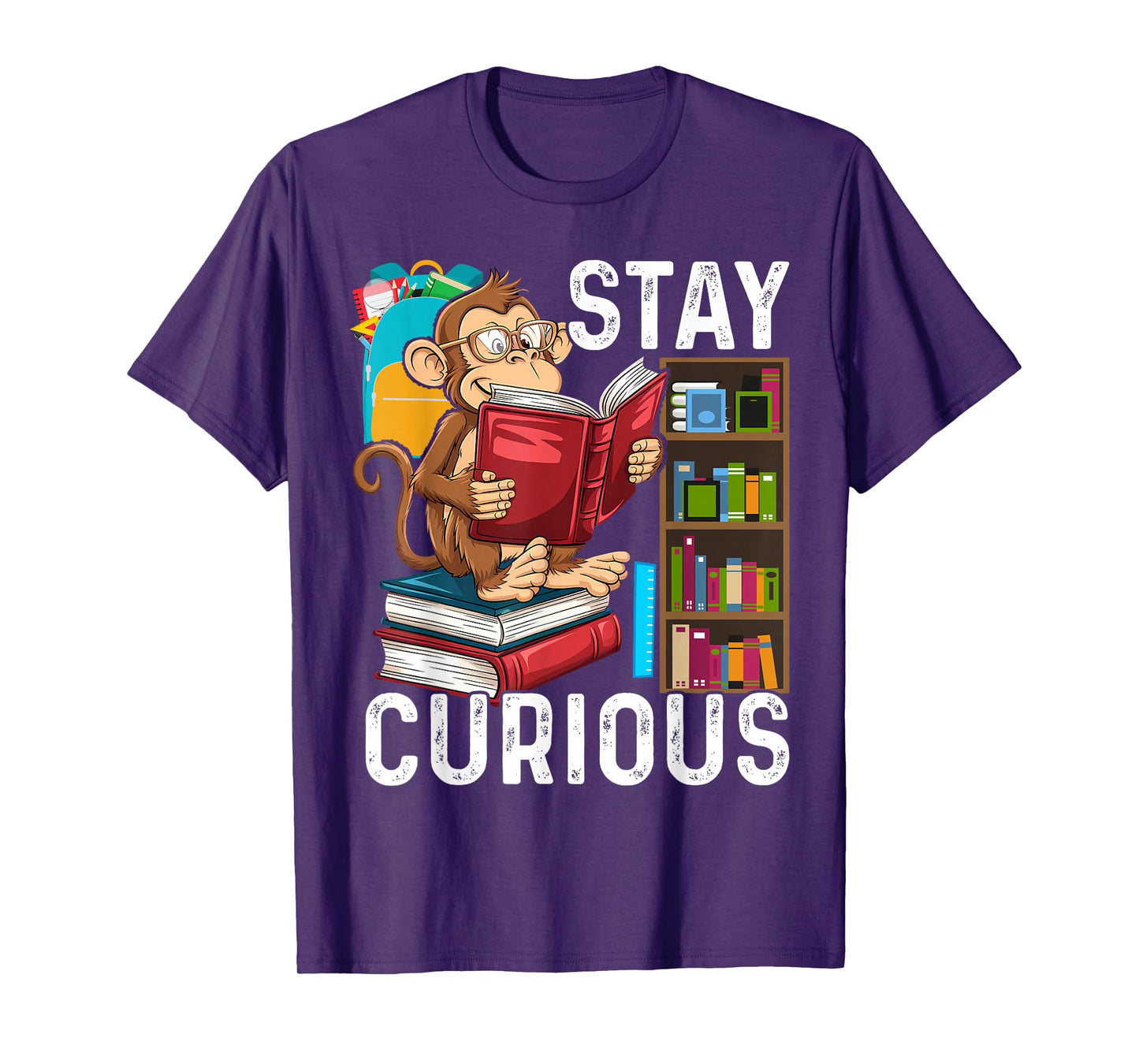 Stay Curious Monkey Reading Funny Book Lover Bookworm T-Shirt