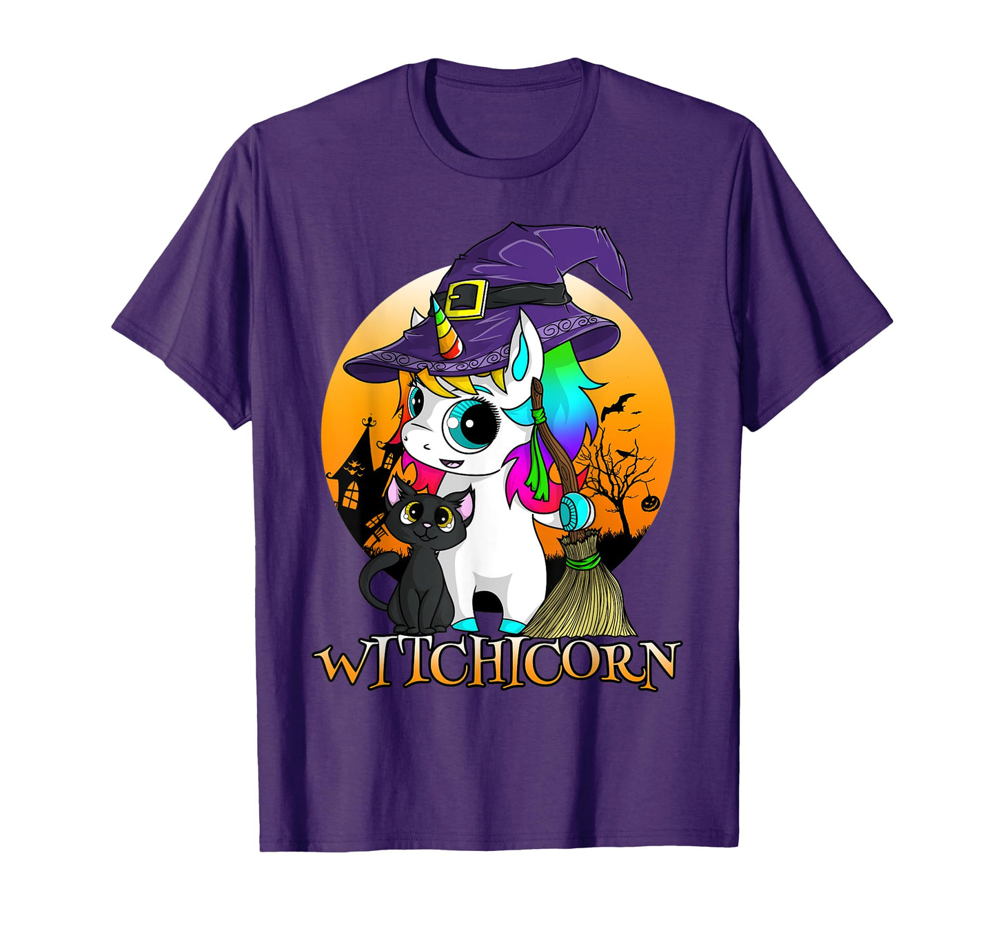 Witchicorn Unicorn Witch Halloween Black Cat Orange Moon T-Shirt