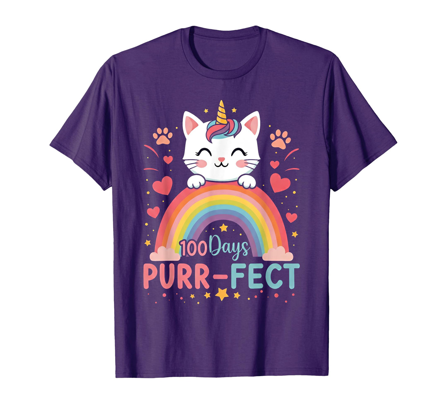 100 Days of School Purr-fect Cat Kitten Caticorn Rainbow Men Women Girls Kids T-Shirt
