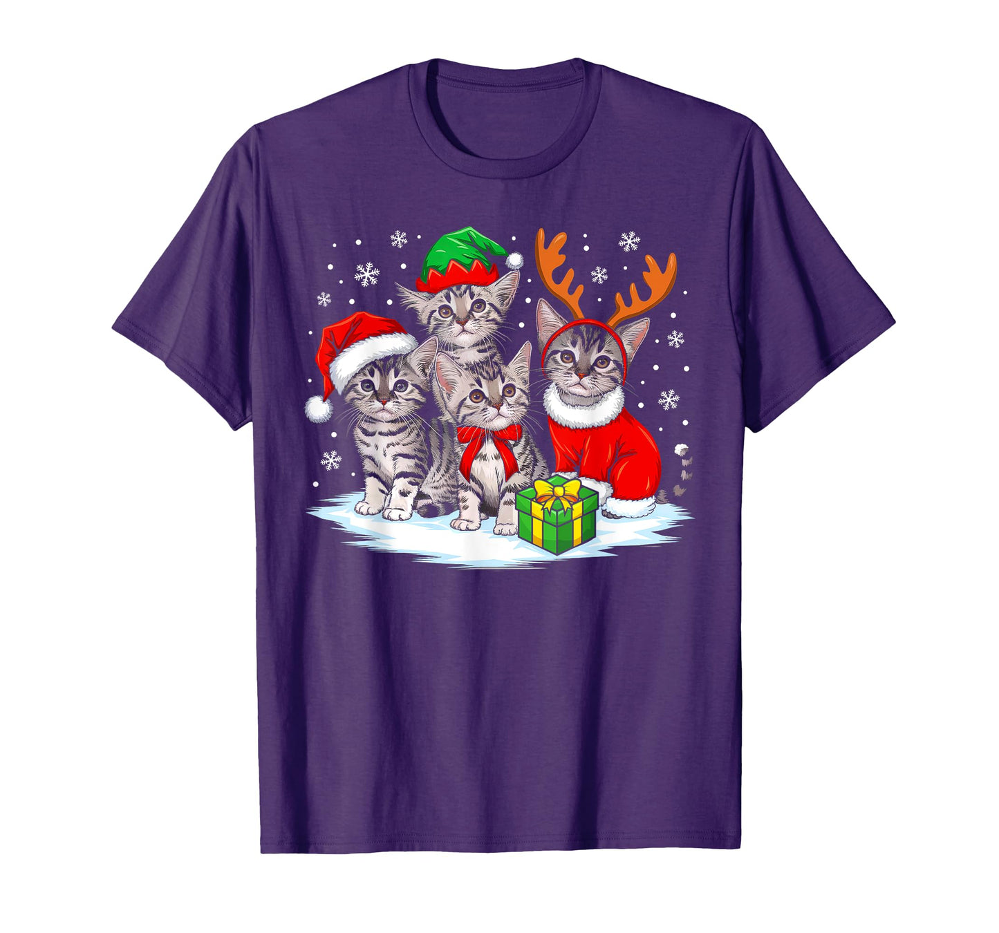 Cat Christmas Lights Reindeer Santa Hat Christmas Cat Lover T-Shirt for Men Women Kids