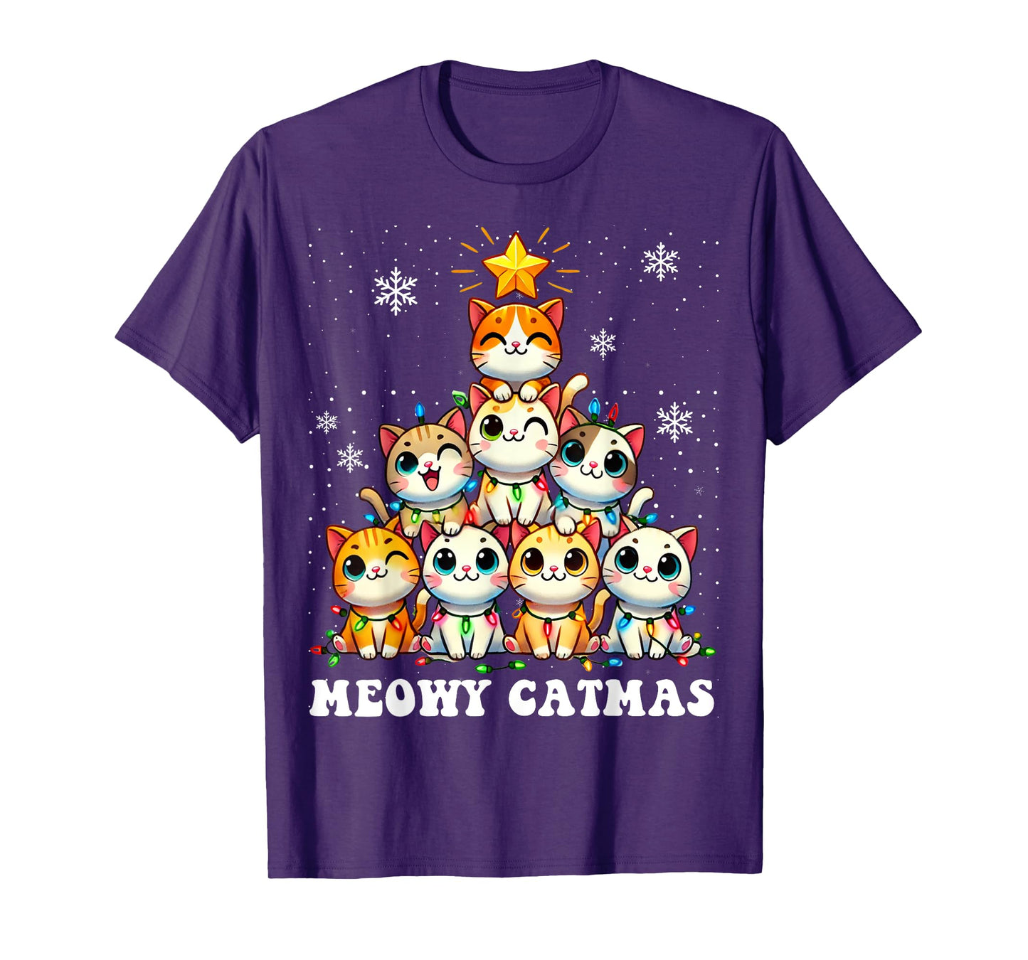 Meowy Catmas Funny Christmas Tree Lights Cute Cat Lover Xmas Men Women Kids T-Shirt