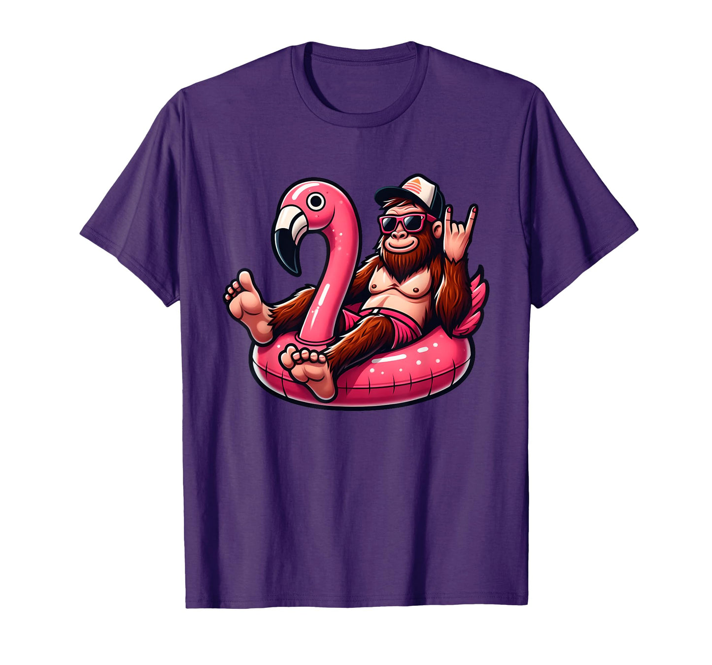 Bigfoot Chilling on Pink Flamingo Pool Float Beach Vacation T-Shirt