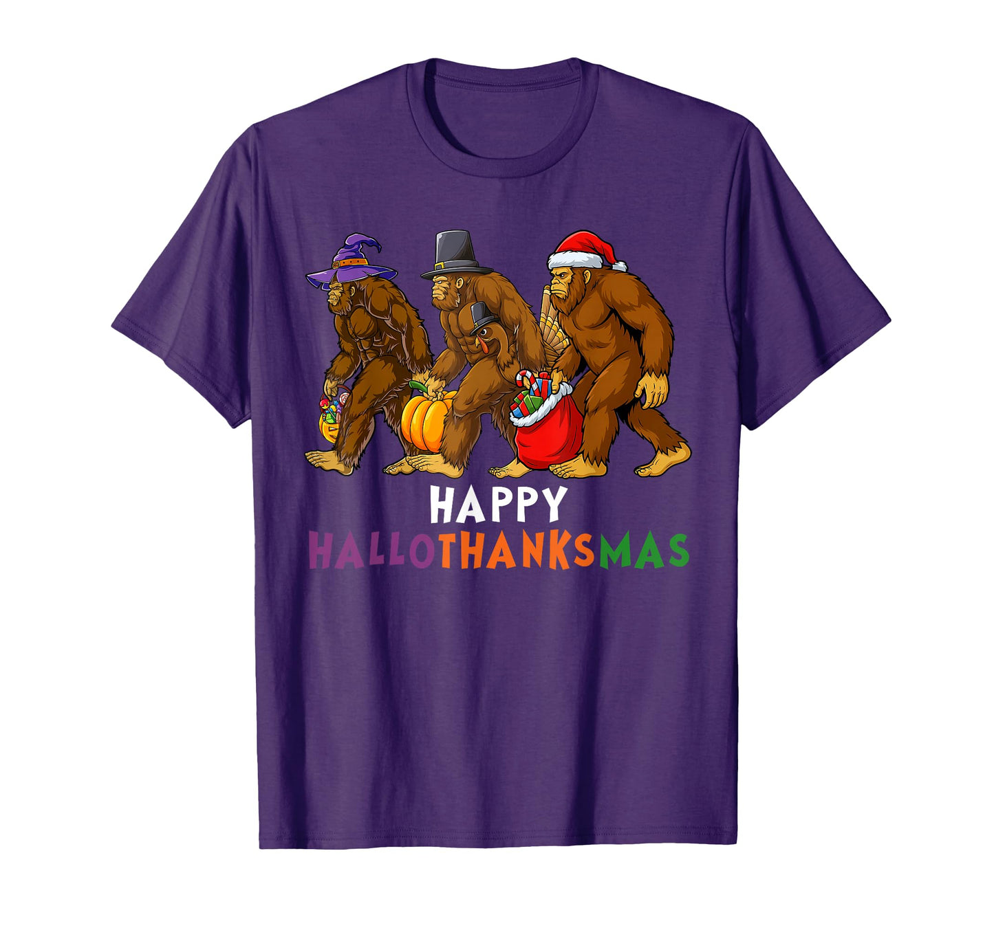 Hallothanksmas Bigfoot Halloween Thanksgiving Christmas T-Shirt