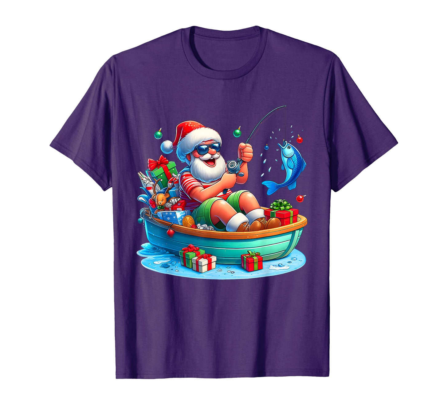 Funny Santa Claus Fishing Christmas In July Beach Boy Kids T-Shirt