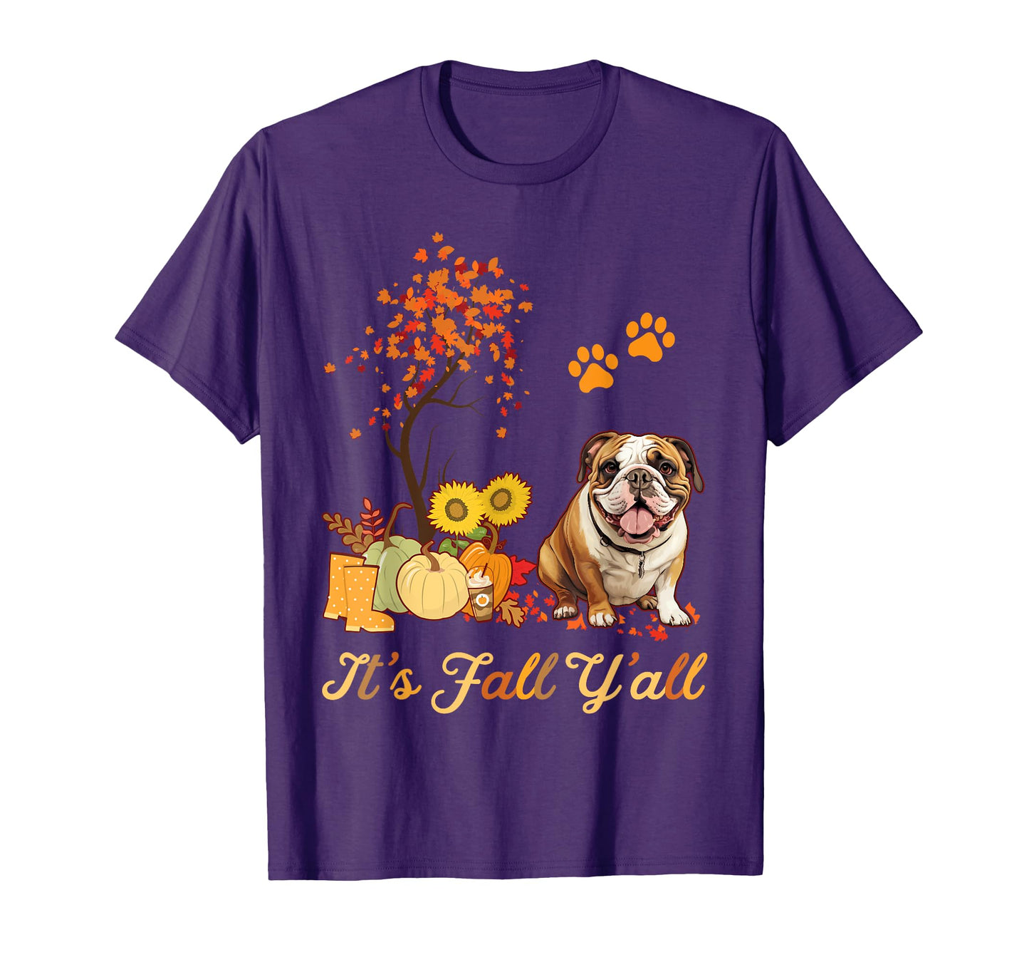 English Bulldog Fall Leaves Autumn Maple Tree Thanksgiving T-Shirt