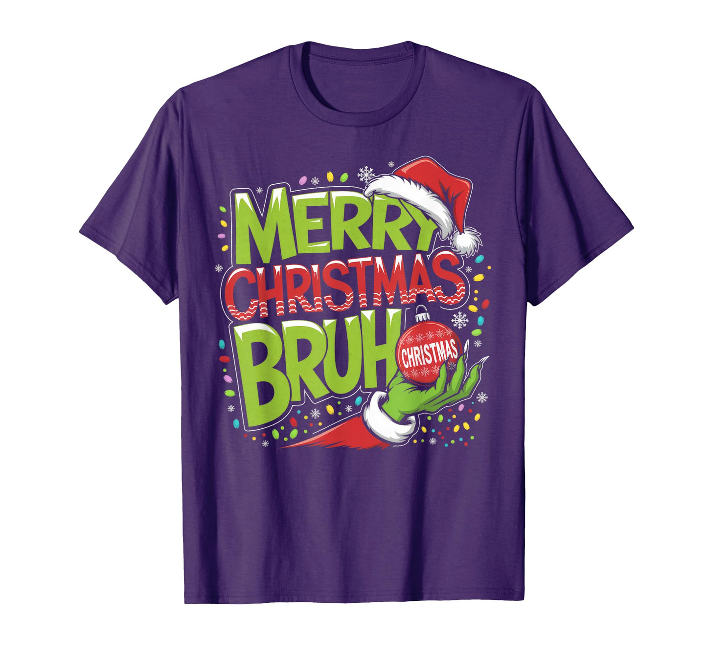 Merry Christmas Bruh Green Hand Santa Hat Xmas Family Pjs T-Shirt
