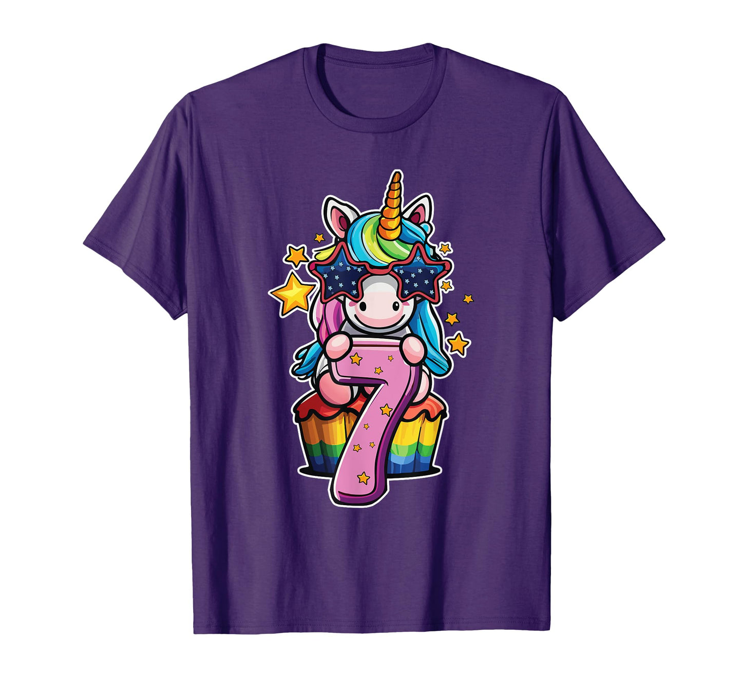 Unicorn Happy 7th Birthday Age 7 Rainbow Cupcake Cute Party T-Shirt