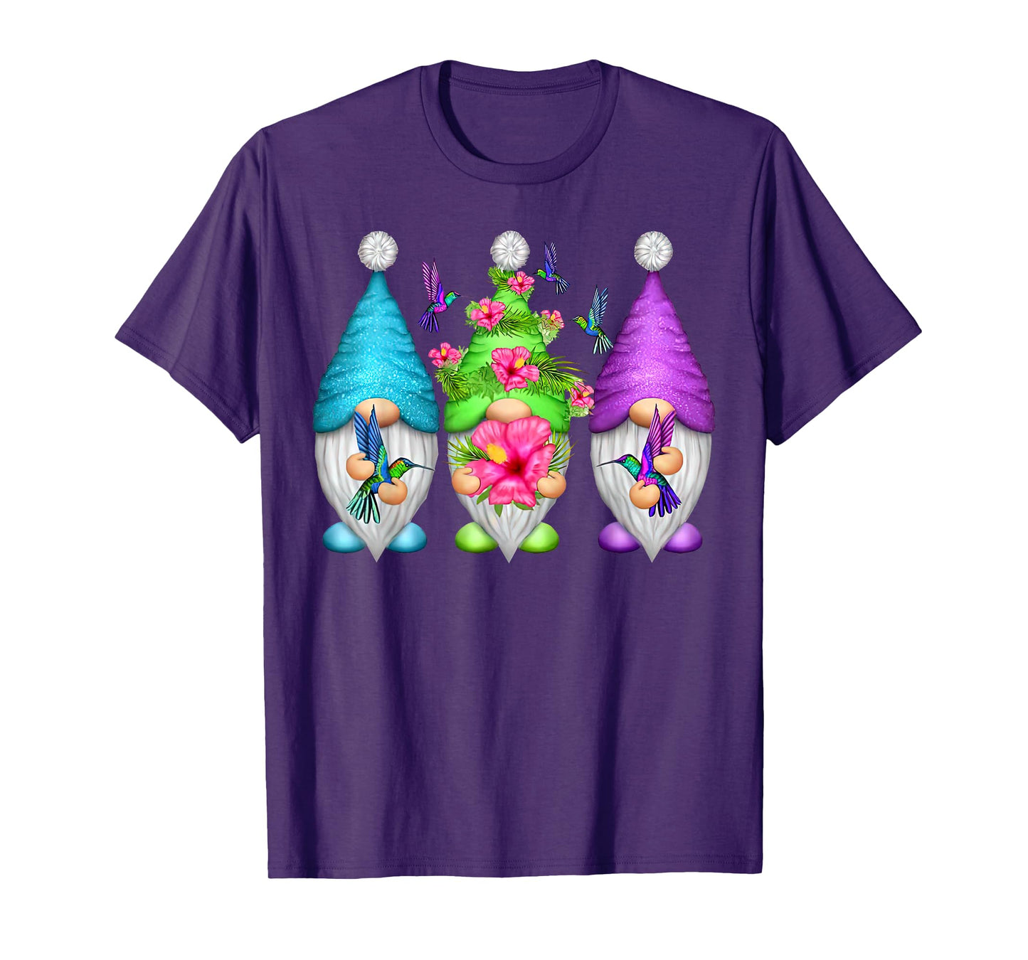 Cute Gnomes Hummingbirds Hibiscus Flower Bird Nature Lover T-Shirt