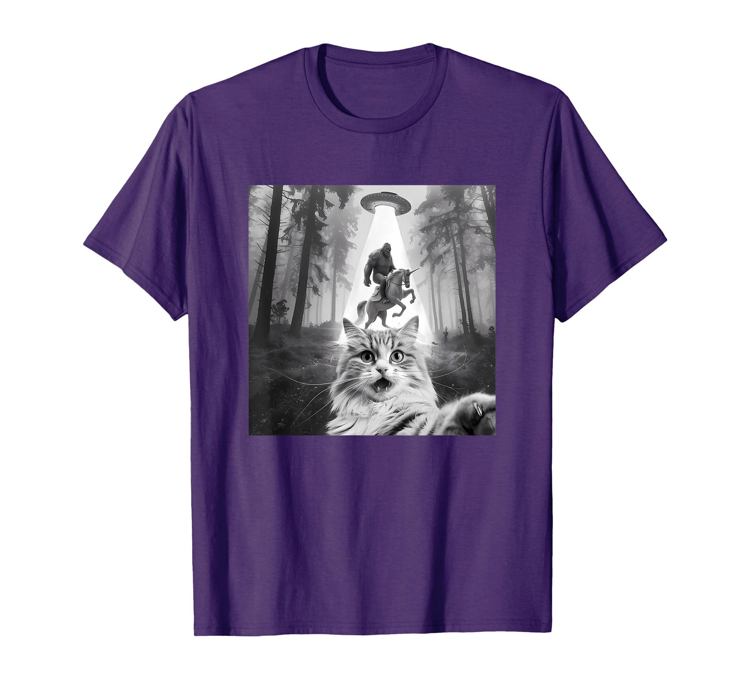 Funny UFO Cat Selfie with Bigfoot Forest Unicorn Sasquatch T-Shirt